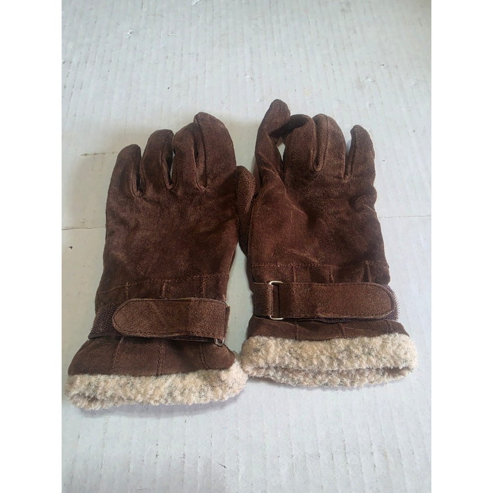 Ladies Brown Suede Leather Winter Gloves Faux Shearling Trim Size Medium